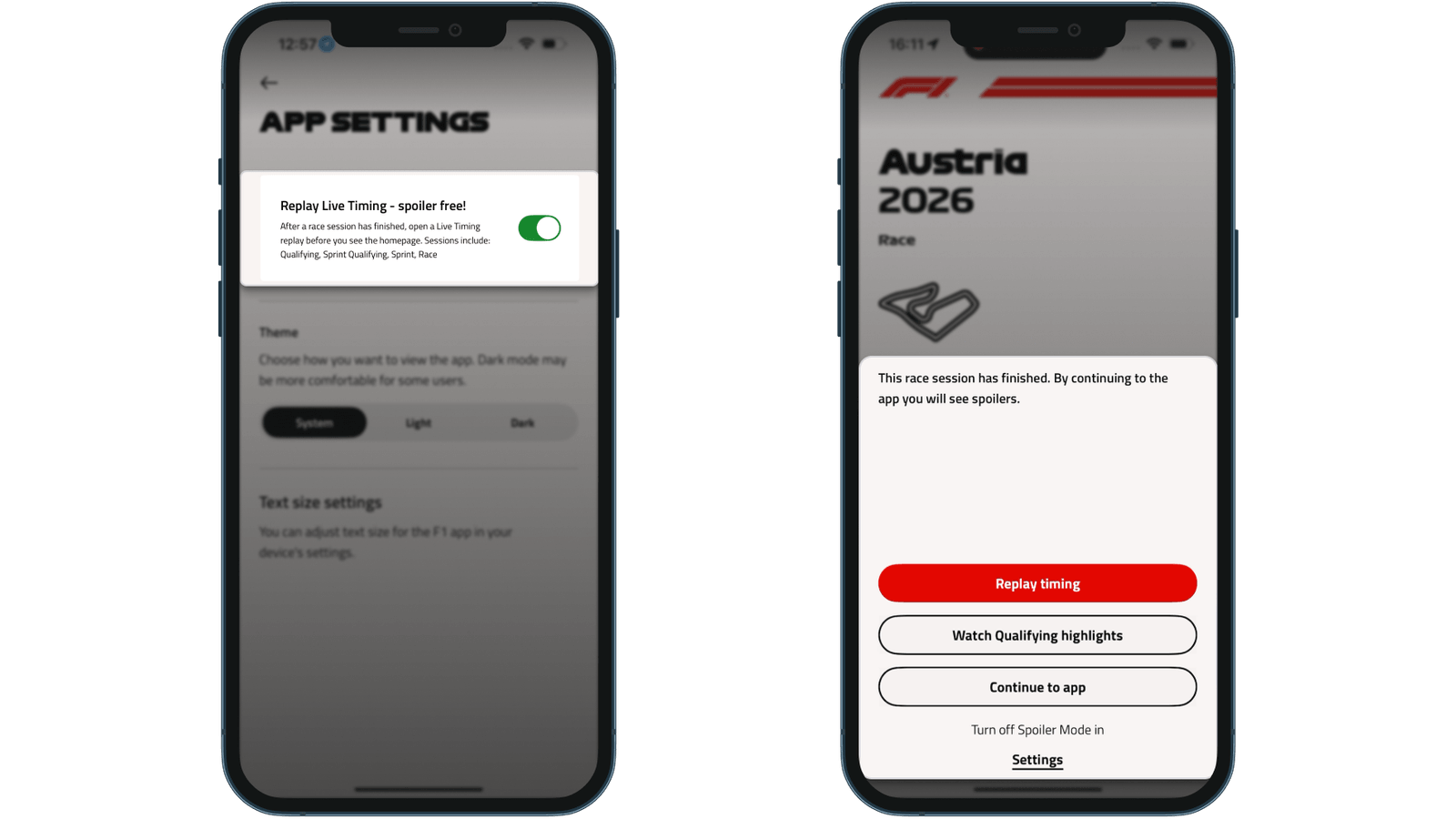 Impostazione spoiler di F1 accanto alla schermata a tutto schermo dopo il GP d'Austria, con i pulsanti Replay timing, Watch Qualifying highlights e Continue to app