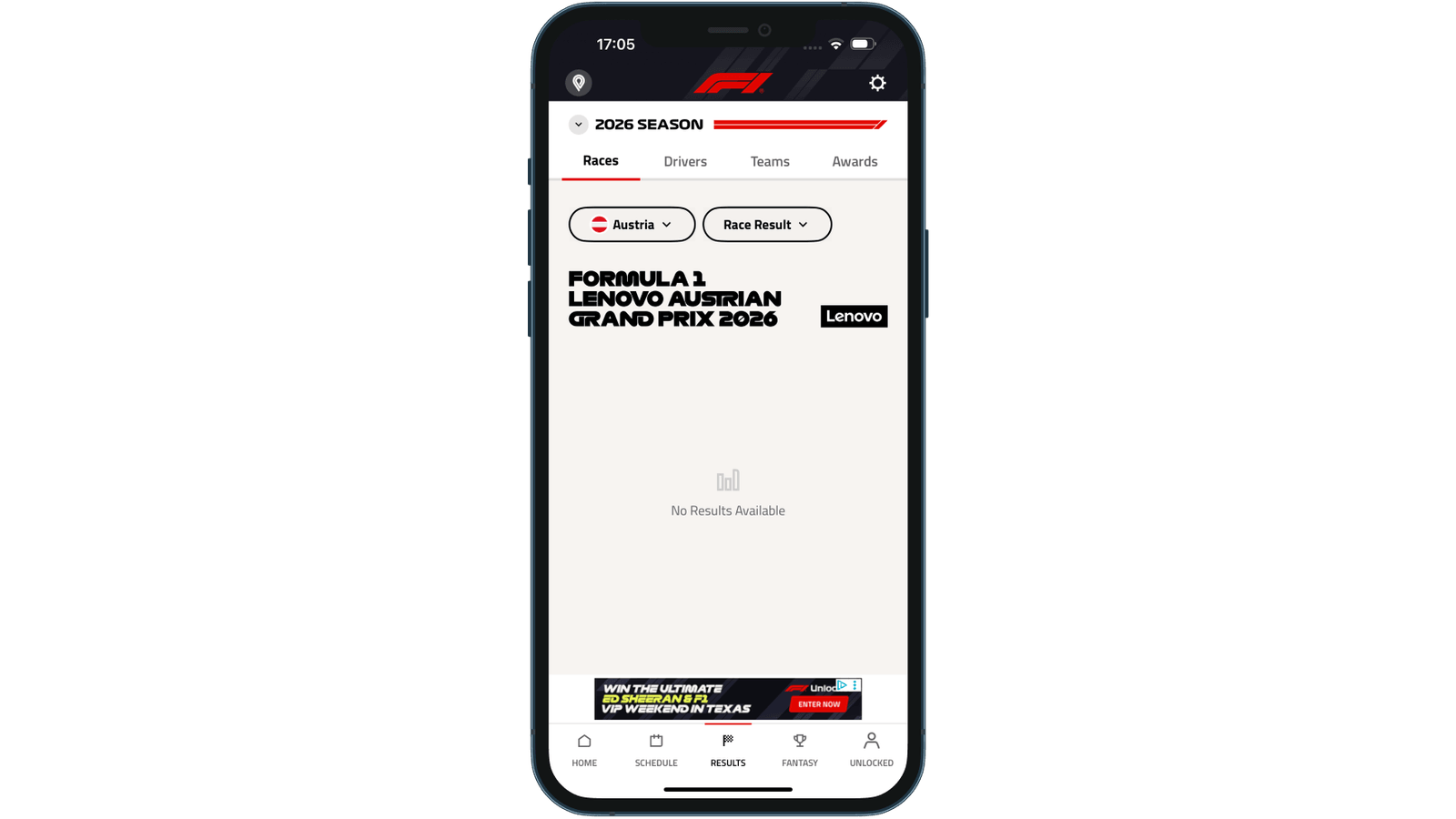 Scheda Results di F1 per il Gran Premio d'Austria 2026 che mostra No Results Available mentre lo Spoiler Mode è attivo