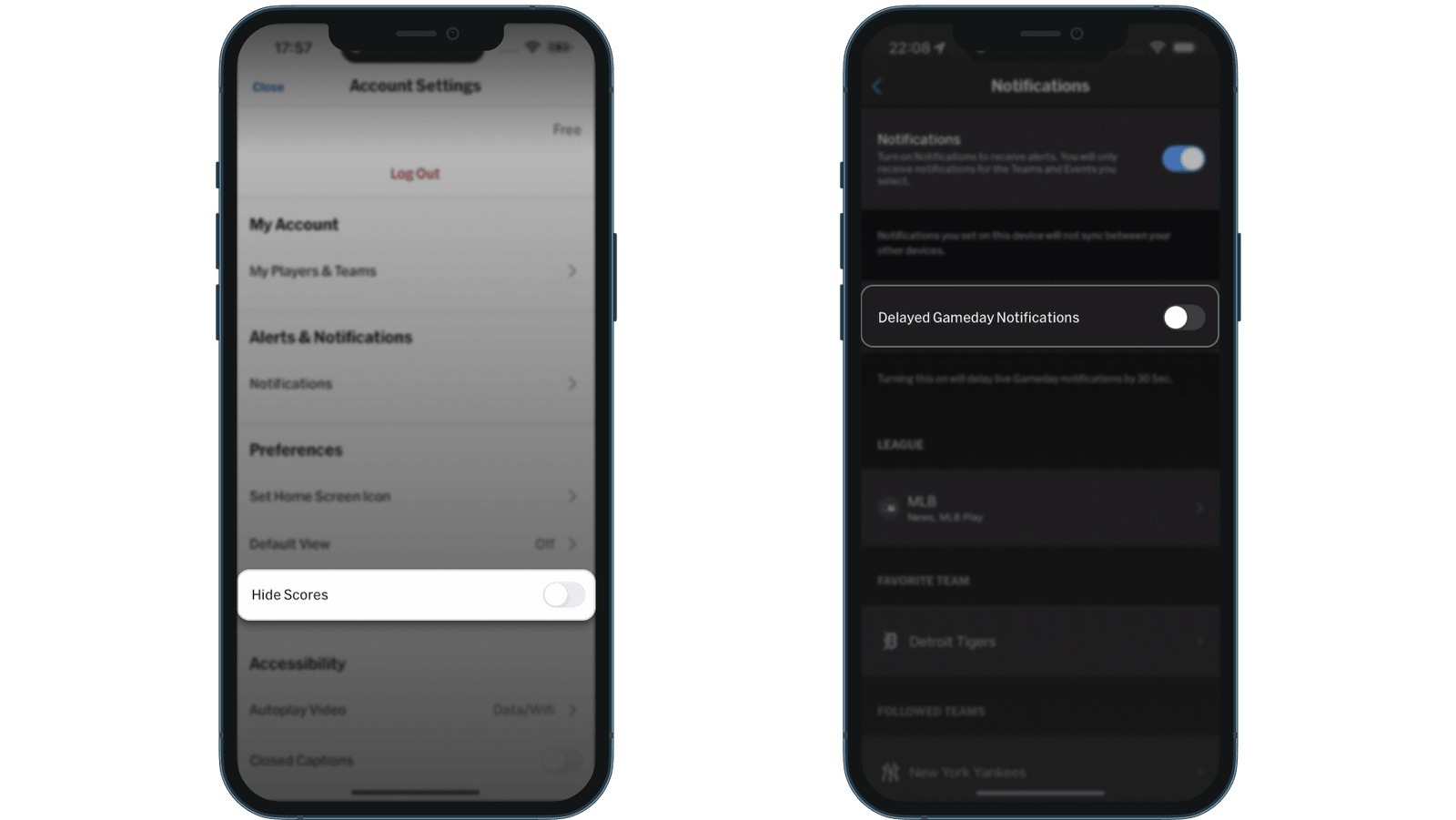 Account Settings di MLB con Hide Scores disattivato, accanto alla schermata Notifications con Delayed Gameday Notifications disattivato