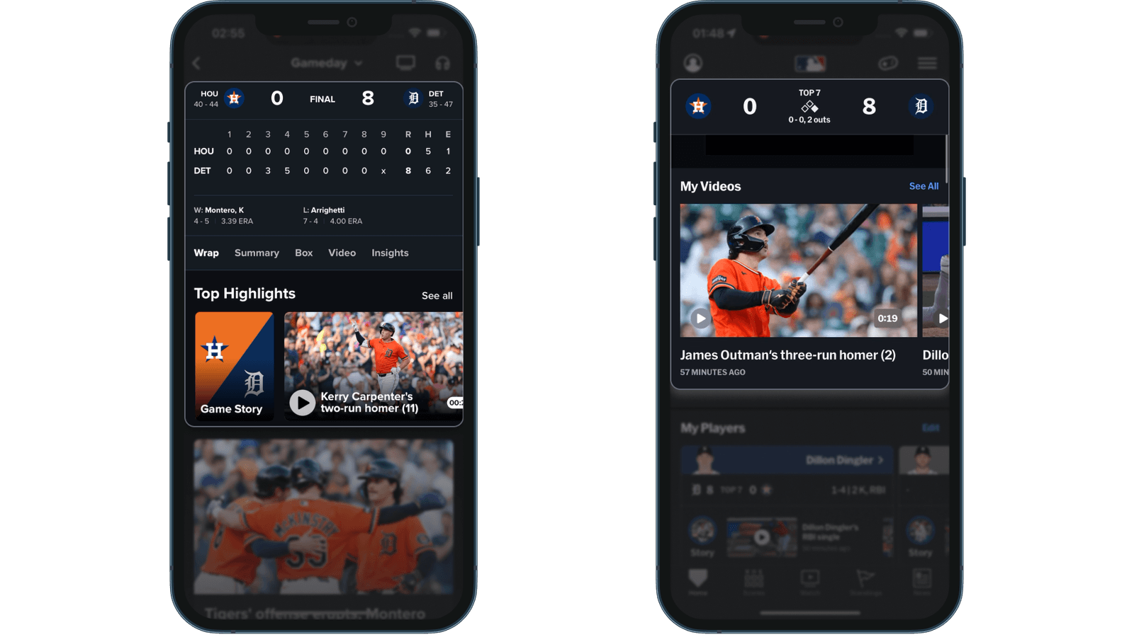 Scheda Gameday Wrap di MLB per Astros contro Tigers con il punteggio per inning, i lanciatori e i Top Highlights, accanto a My Videos con la clip di un fuoricampo