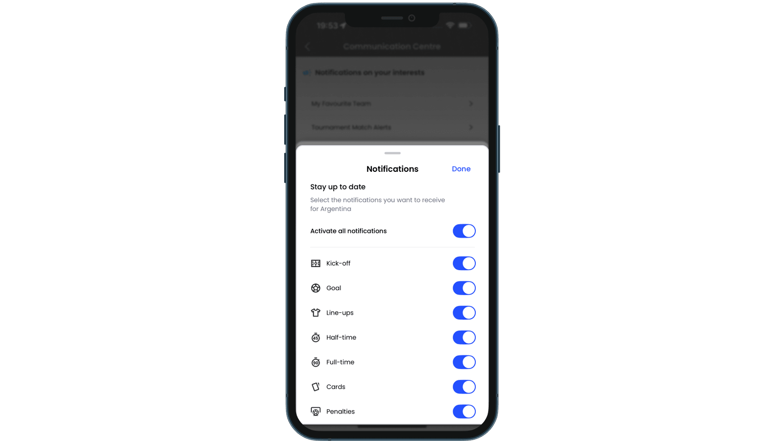 Impostazioni delle notifiche dell'app FIFA World Cup con sette opzioni: Kick-off, Goal, Line-ups, Half-time, Full-time, Cards e Penalties