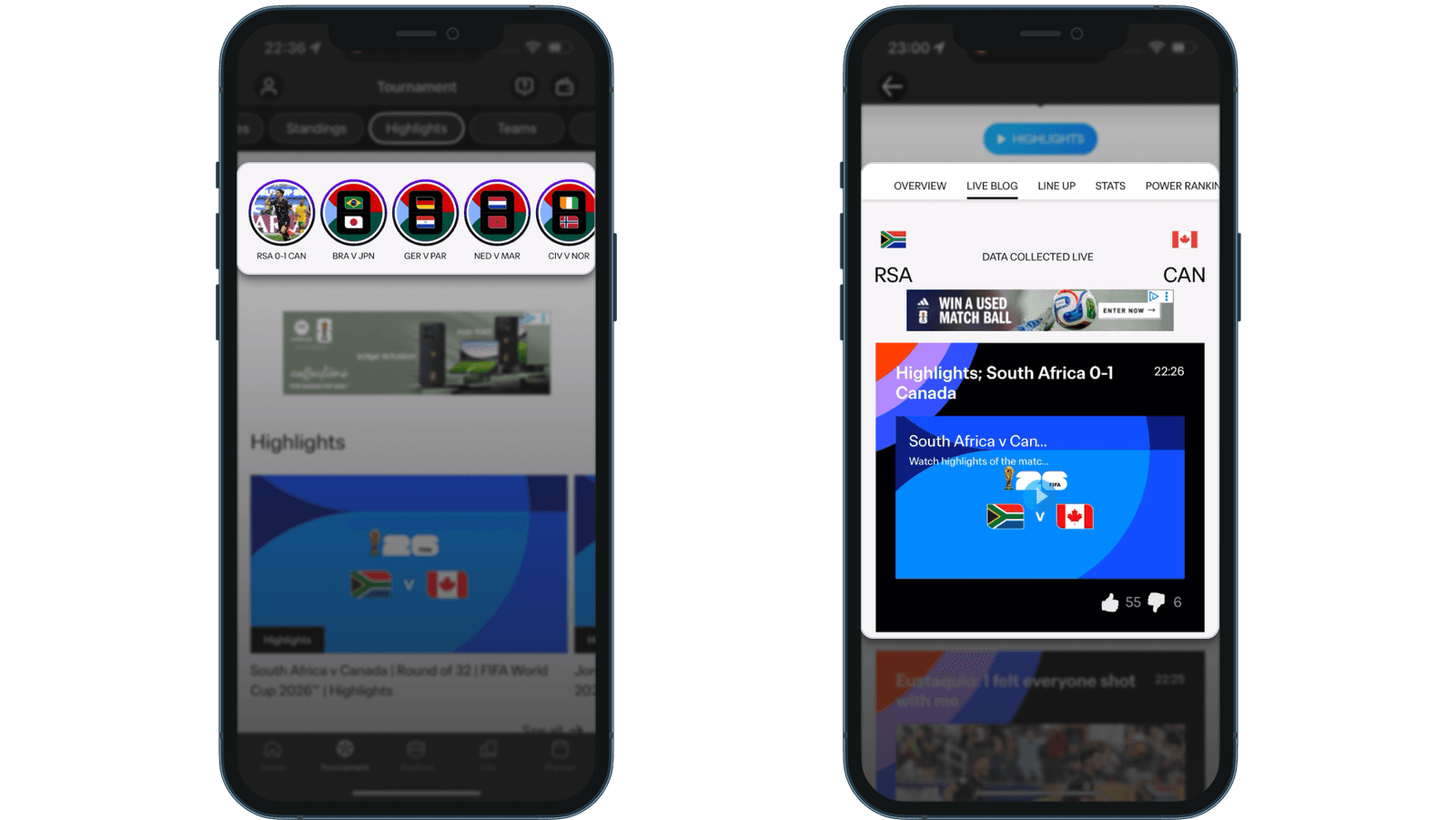 Scheda Highlights dell'app FIFA World Cup con bolle delle storie etichettate RSA 0-1 CAN, accanto alla pagina di una partita intitolata Highlights: South Africa 0-1 Canada