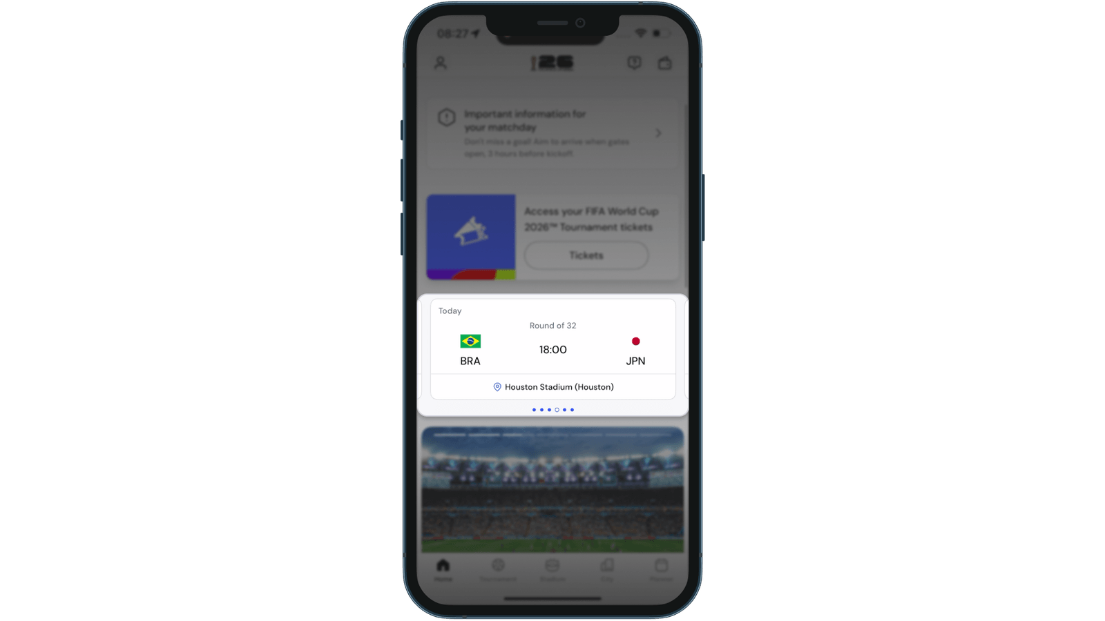 Schermata iniziale dell'app FIFA World Cup che si apre con la partita successiva, Brazil v Japan