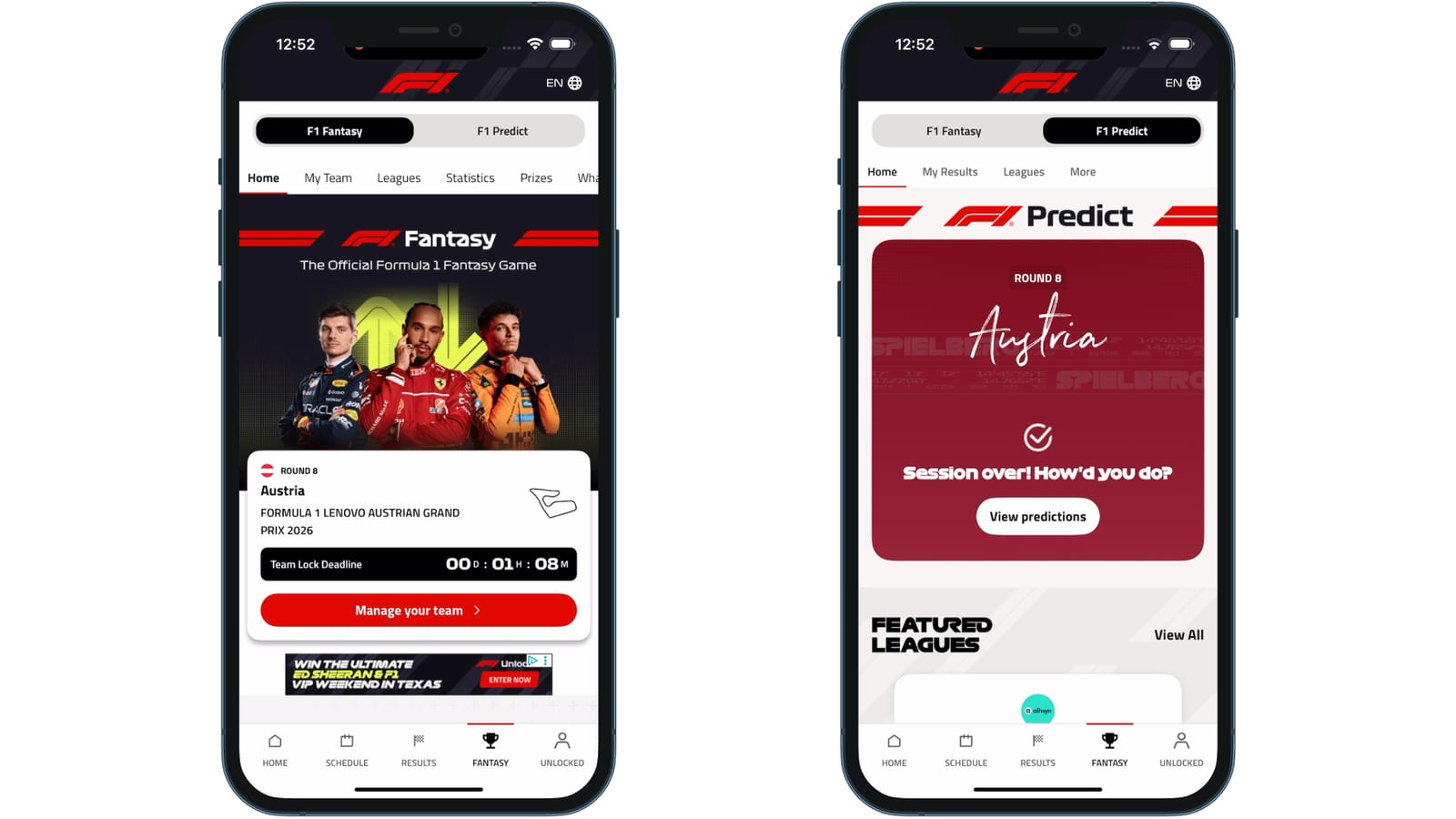 Pestaña FANTASY de la app de F1 con un selector entre F1 Fantasy y F1 Predict
