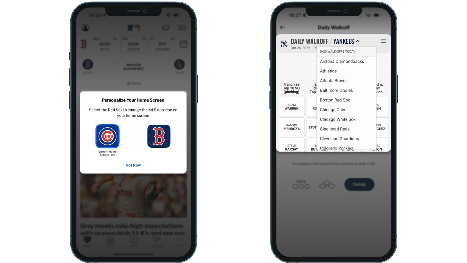 La app de MLB ofrece cambiar su icono por el escudo de un equipo, junto a Daily Walkoff abriéndose con los Yankees y una lista de equipos que empieza por Arizona