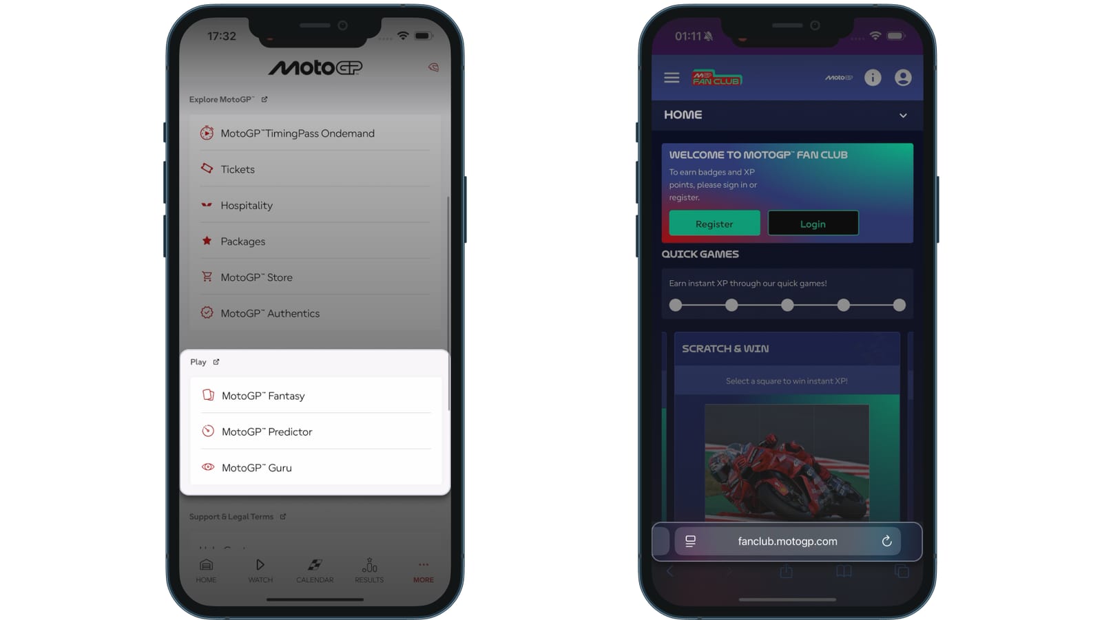 Menú de la app de MotoGP con enlaces externos a Fantasy, Predictor y Guru, junto a la web independiente del MotoGP Fan Club