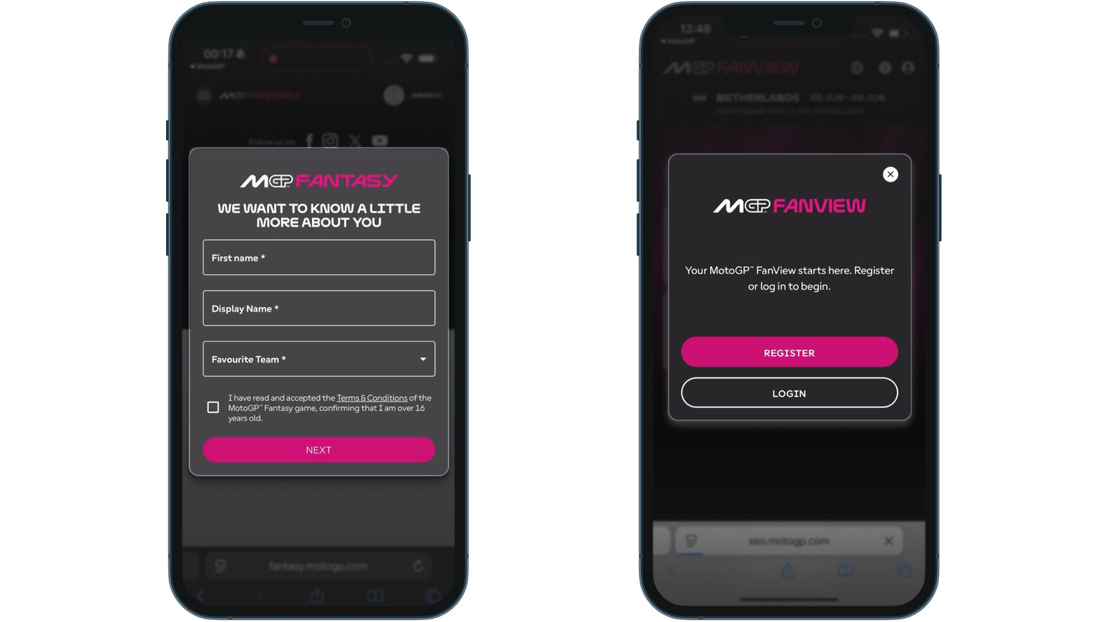 Registro en MotoGP Fantasy pidiendo un equipo favorito, junto a un inicio de sesión independiente en MotoGP FanView
