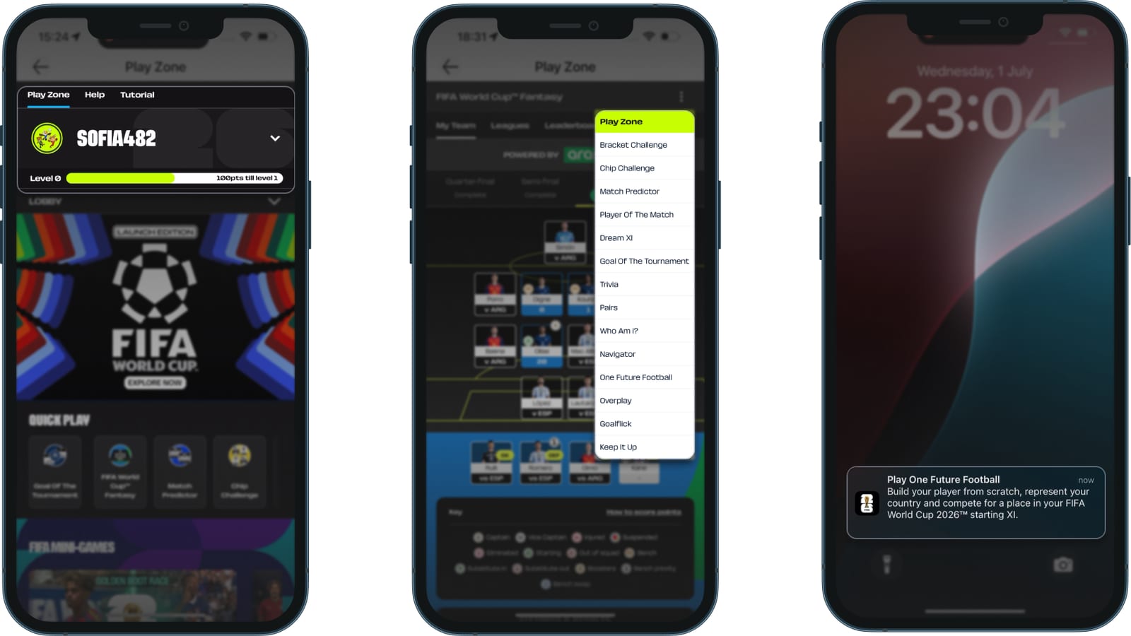 Play Zone de la FIFA World Cup con un nombre de usuario y una barra de nivel, su menú de juegos y una notificación push de One Future Football en la pantalla de bloqueo