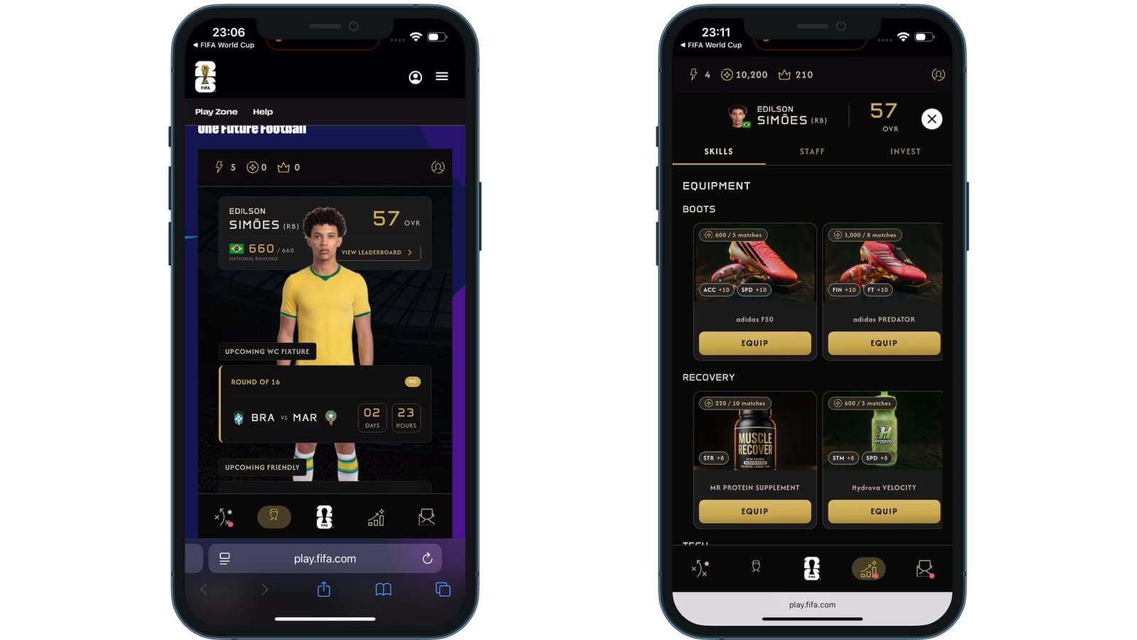 Ficha de jugador y pantalla de equipamiento de One Future Football en la Play Zone de la FIFA World Cup