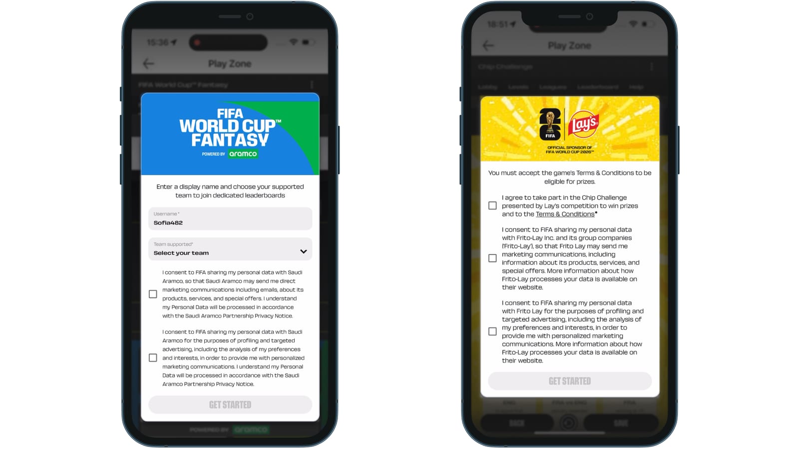 Registro en el Fantasy de la FIFA World Cup con consentimientos para compartir datos con Aramco, y Chip Challenge con consentimientos de Frito-Lay
