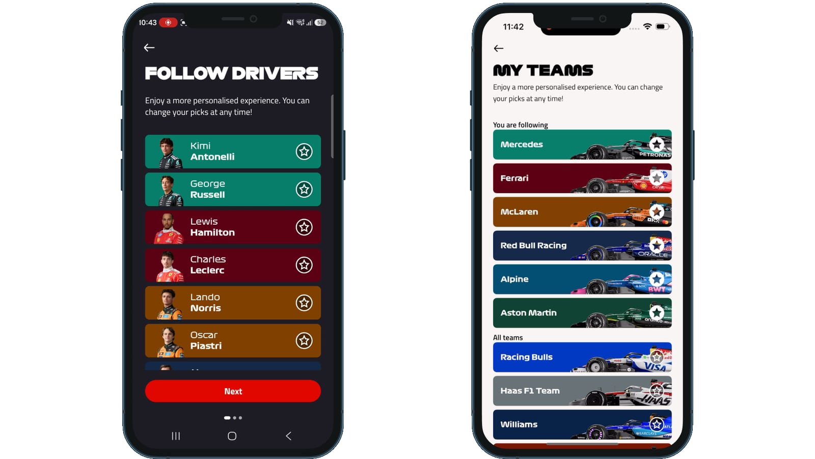 Flujo de onboarding de la app de F1 mostrando el paso de seguir pilotos con tarjetas de piloto y selección de equipo