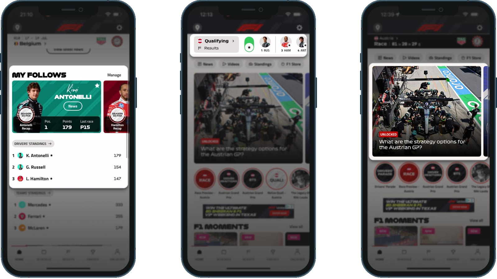 Pantalla de inicio de F1 mostrando el carrusel MY FOLLOWS con datos en directo de pilotos y la barra de pilotos filtrada por estrella