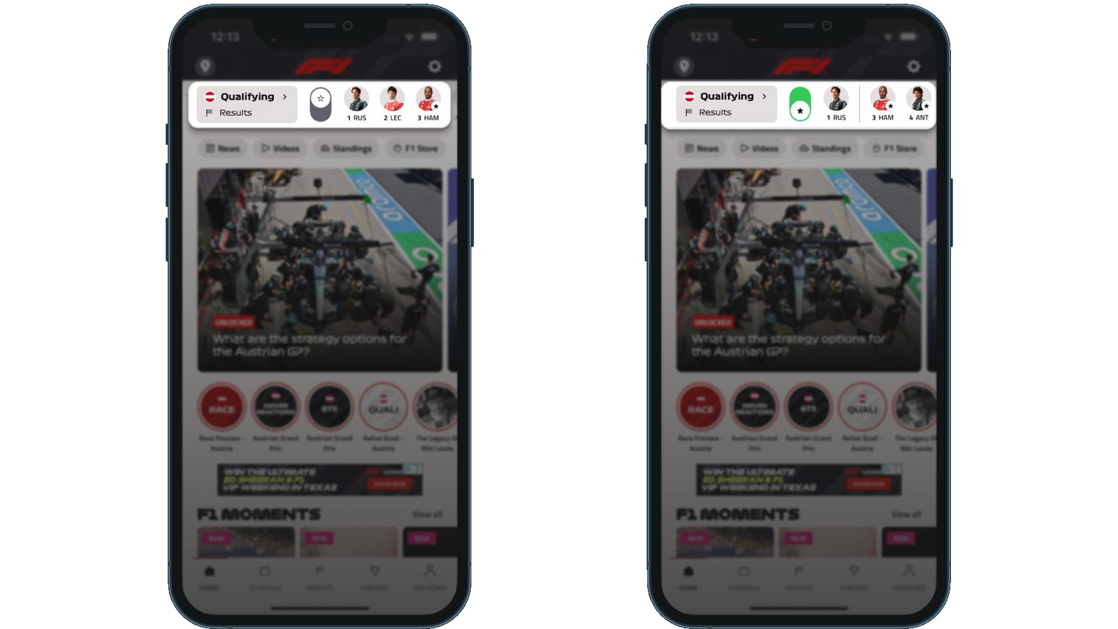 Ajustes de notificaciones de F1 mostrando interruptores de todo o nada sin opción por piloto