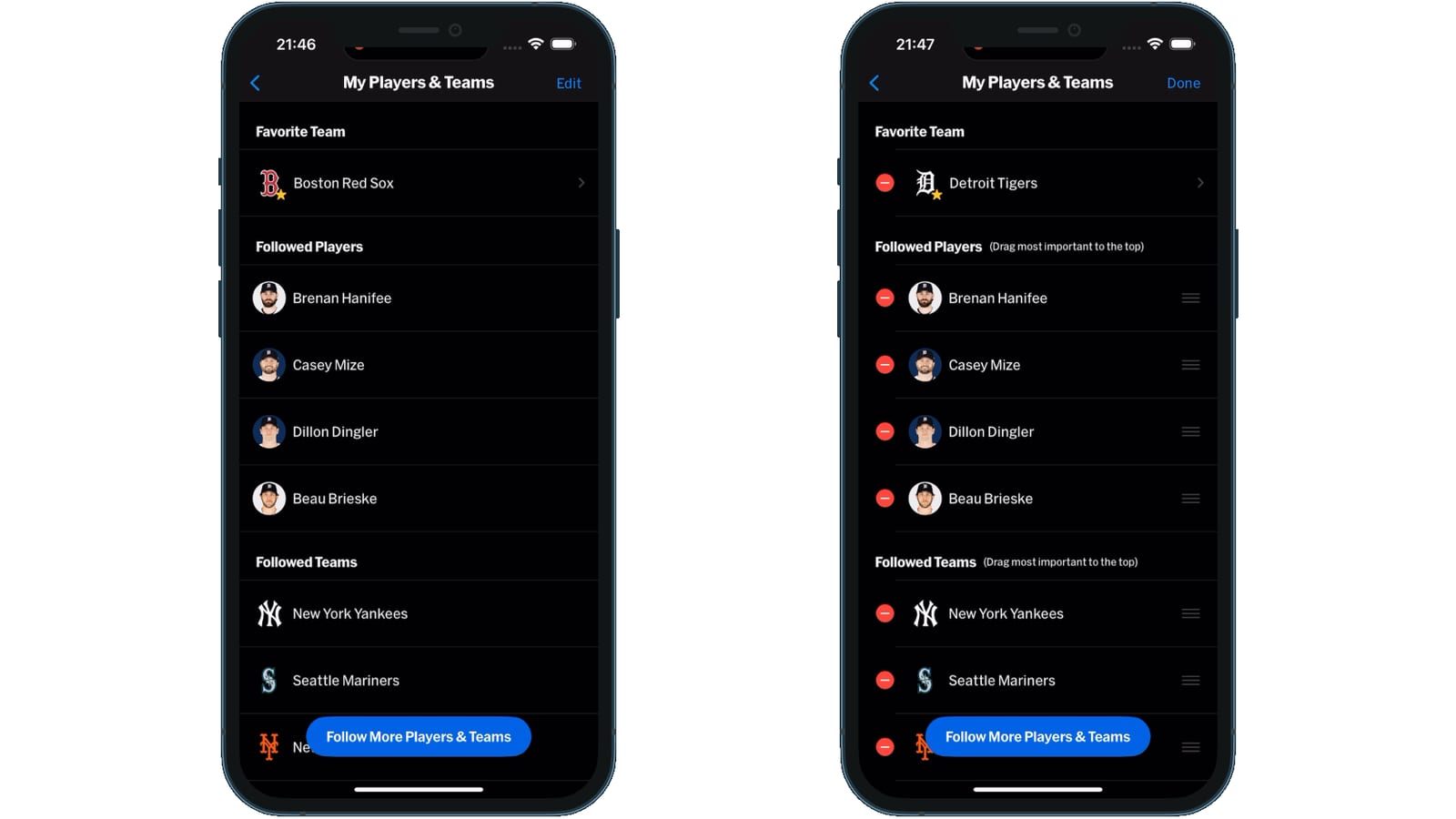 Pantalla de selección de equipo favorito de la app de MLB con logos de equipos e interfaz de arrastrar para reordenar