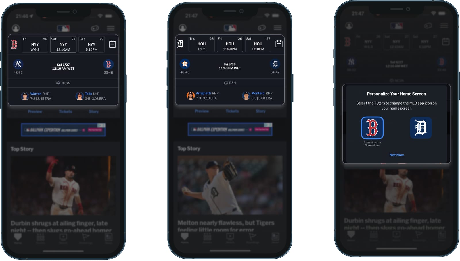 Pantalla de inicio de MLB totalmente reconstruida en torno a los Detroit Tigers: barra de calendario, tarjeta de enfrentamiento, editorial y clasificación acotados al equipo favorito, más el icono de la app cambiado por el escudo de los Tigers