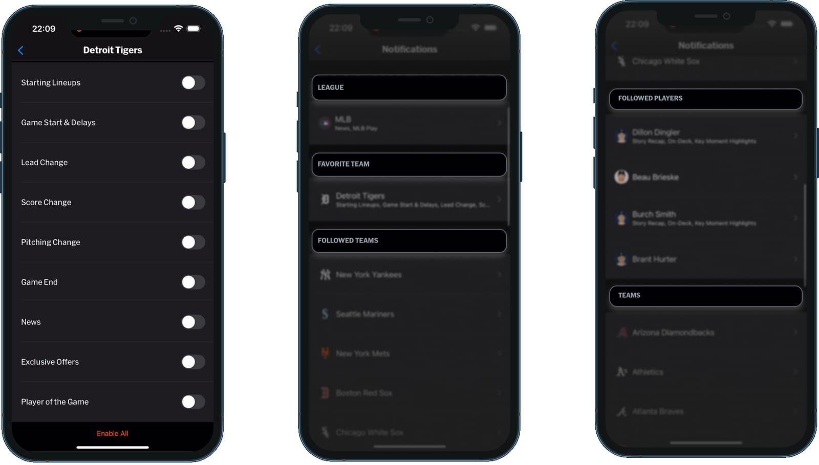 Ajustes de notificaciones de MLB con cuatro niveles: liga, equipo favorito, equipos seguidos y jugadores seguidos, con la alerta On-Deck destacada