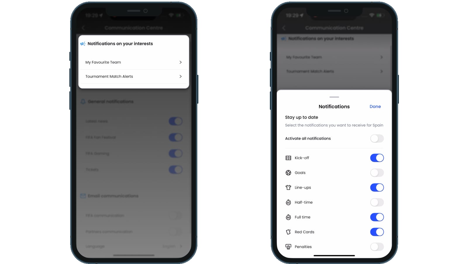 Ajustes de notificaciones de FIFA+ con controles granulares por equipo y una capa a nivel de torneo, ambas activadas por defecto