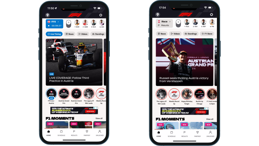 F1 app session bar: FP3 still live on the left, the Austrian GP race result already shown on the right