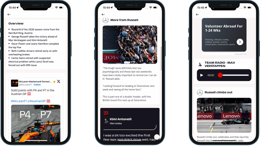 F1 Live Blog showing driver quote cards, inline team radio clips, and race overview