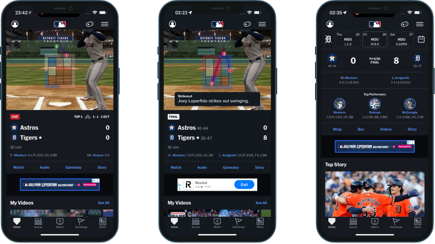 MLB Astros–Tigers Gameday in three states: live at Top 1, pitch tracker frozen on the final strikeout, then the full Wrap-style rebuild