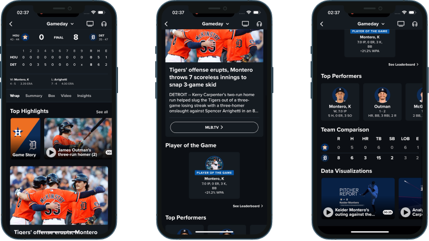 MLB Wrap tab showing line score, recap, Player of the Game, Top Performers, and Statcast visualisations