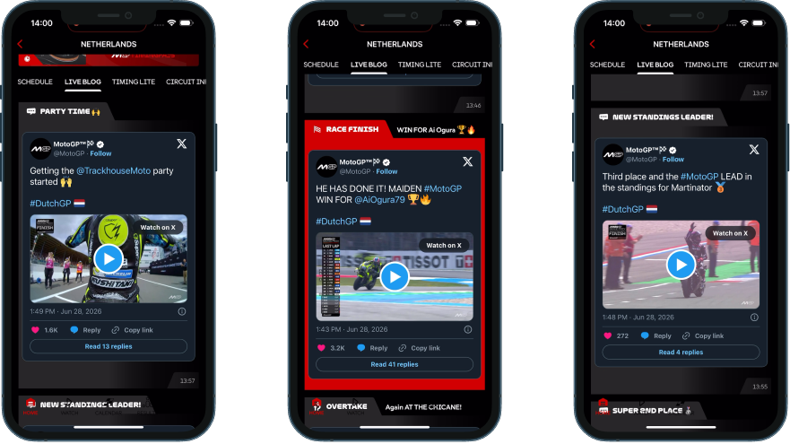 MotoGP Live Blog naming Ai Ogura within minutes of the race ending, with every video clip routed through Watch on X
