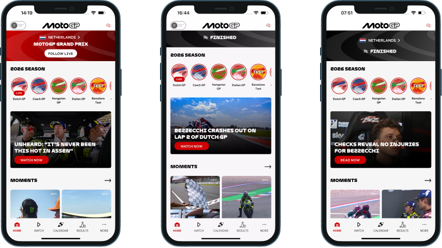 MotoGP home screen across 17 hours: Follow Live during the Dutch GP, then Finished with the Bezzecchi crash leading, then the same crash follow-up the next morning