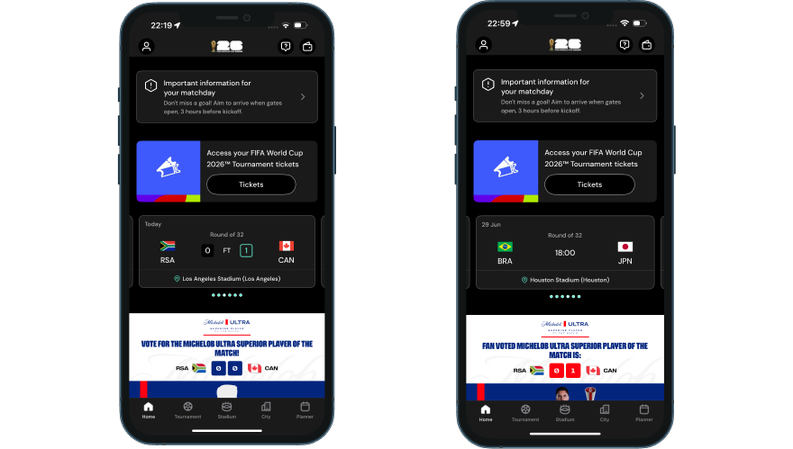 FIFA World Cup app home screen 40 minutes apart: the completed match card gives way to the next fixture, but the stadium-arrival banner at the top stays unchanged