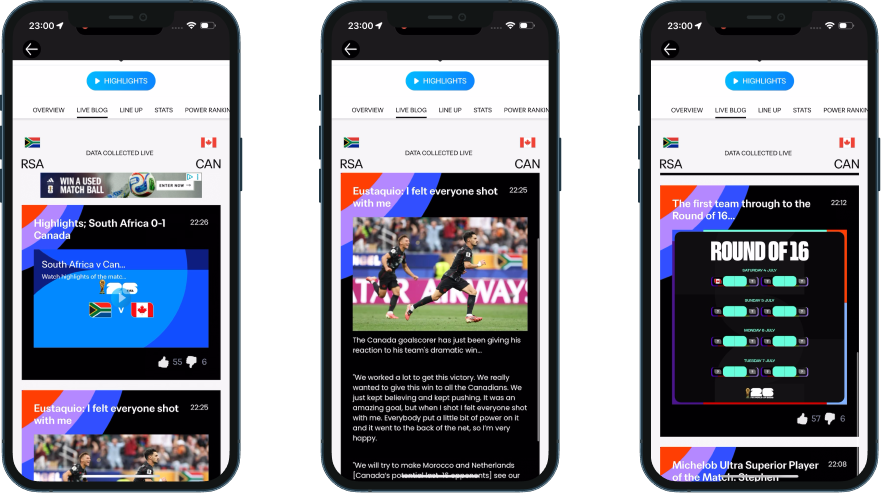 FIFA World Cup Live Blog showing match highlights and player quotes in the same post-match feed