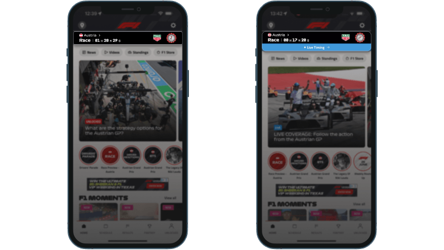 F1 app home screen: TAG Heuer countdown session bar at T-1h28m (left) and Live Timing banner appearing at T-12m (right)