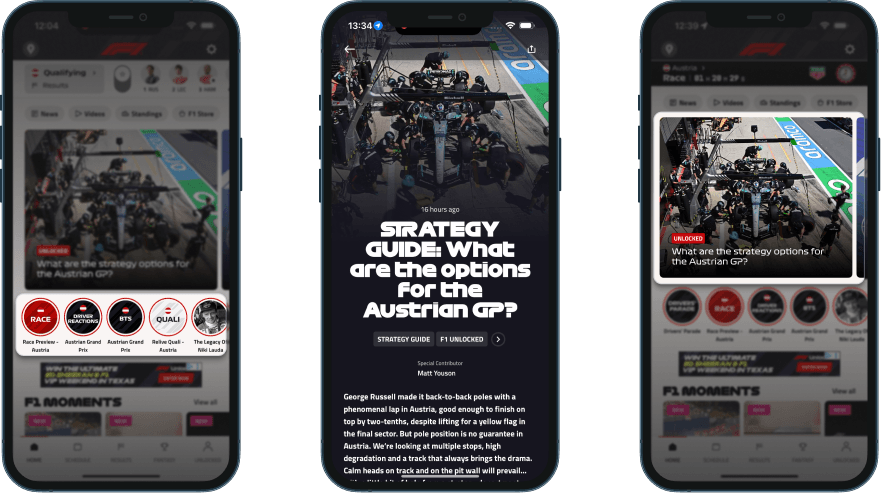 F1 app: story rail with qualifying preview (left), paywalled Strategy Guide open with race analysis (centre), home hero card still showing the same static guide (right)