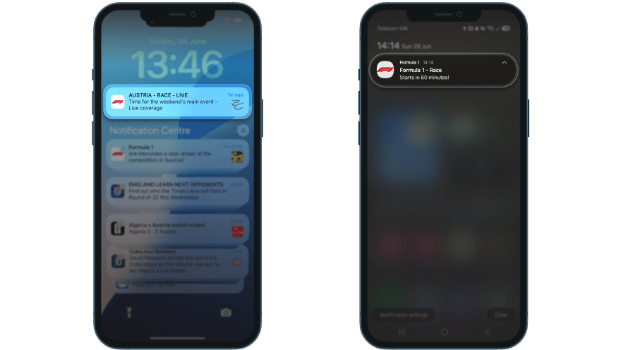 F1 push notifications: iOS notification centre showing 'AUSTRIA - RACE - LIVE' session-start push (left), Android lock screen with 'Formula 1 - Race: Starts in 60 minutes!' countdown push (right)