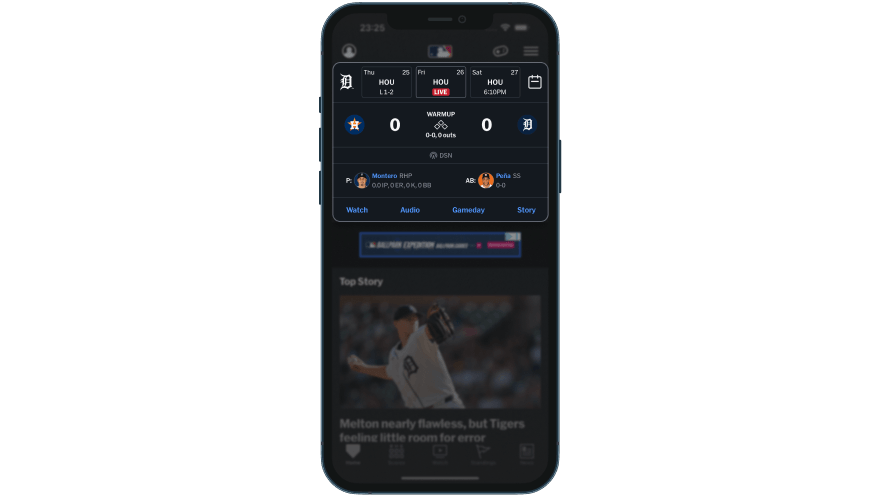 MLB app home screen in WARMUP state at T-15m, showing the score card with probable pitchers listed — the single binary flip from a static home screen