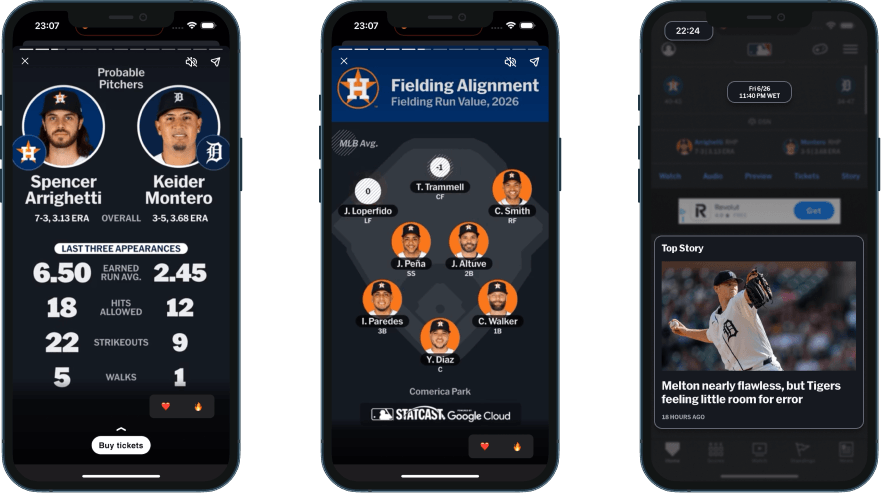 MLB Game Story cards: Probable Pitchers compared by last three starts (left), Statcast fielding alignment on a diamond diagram (centre), home screen with backwards-looking top story 18 hours old (right)