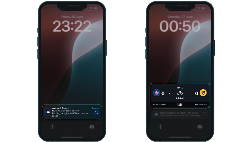 MLB lock screen push naming both pitchers: 'Astros @ Tigers — HOU vs. DET about to start. Pitching: Arrighetti (HOU) vs. Montero (DET)' (left), On-Deck Live Activity showing current batter (right)