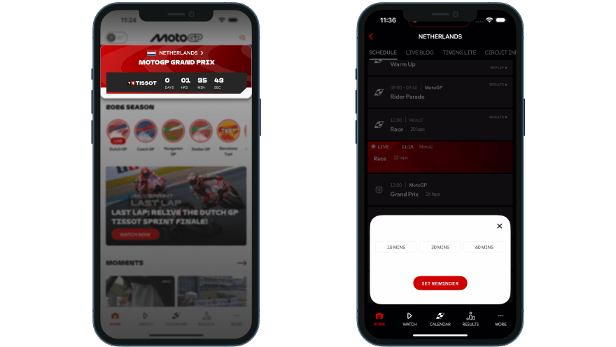 MotoGP app: Tissot-branded countdown hero card for Dutch GP (left) and one-tap reminder modal offering 15, 30 or 60 minute options with no calendar permission required (right)