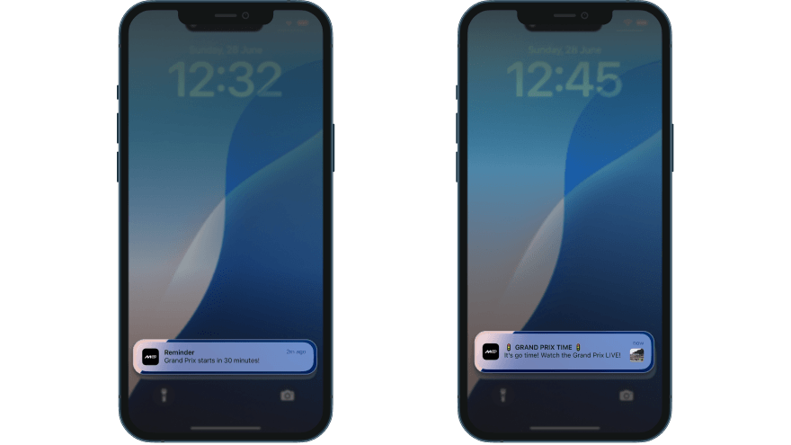 MotoGP lock screen: user-set reminder 'Grand Prix starts in 30 minutes!' at 12:32 (left), editorial push 'GRAND PRIX TIME — It's go time! Watch the Grand Prix LIVE!' at 12:45 (right)
