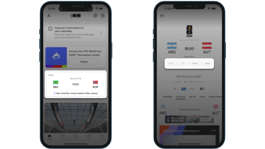 FIFA World Cup app: static home screen showing only the kickoff time (left), and the match detail page with a countdown timer one tap deeper (right)