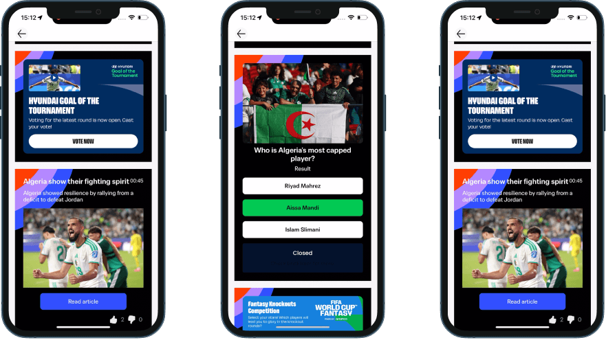 FIFA World Cup Live Blog showing a vote poll, a quiz question with answer options, and editorial entries — interactive pre-event content all in one container