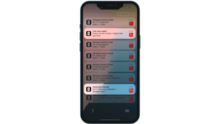 iPhone notification centre with FIFA 'Line-ups ready! Check out the Jordan v Algeria line-ups now!' highlighted among other match notifications