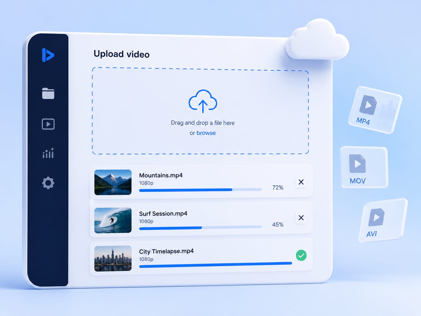Panneau de televersement drag-and-drop de Mux Video Uploader avec videos en cours